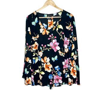 Butterfly Floral Print Top Womens Size 1X Flare Sleeve Chiffon Colorful Nature
